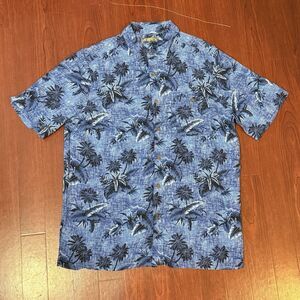 Campia Moda Men’s Size L Hawaiian Button Up Shirt Palm Tree Print Blue White